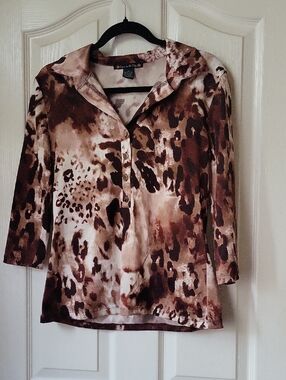 Suzie In The City Brown and Cream Animal-Print Button-Down Top